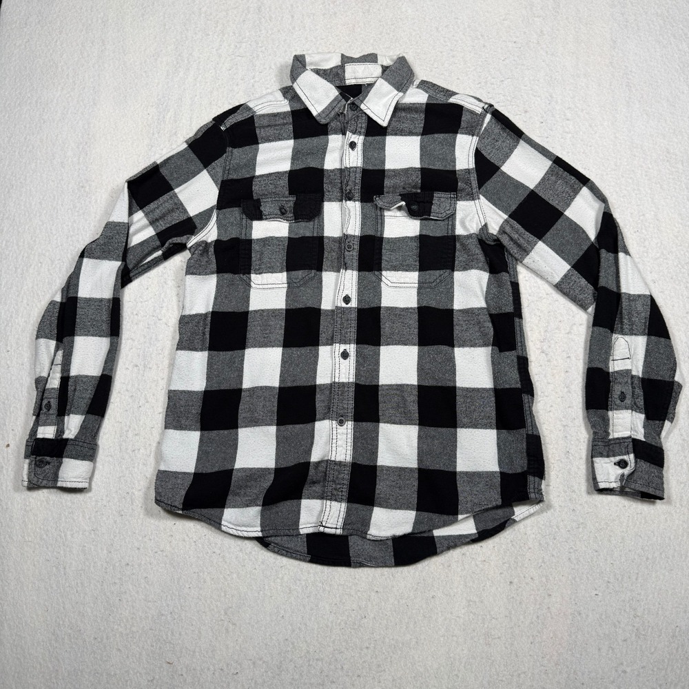 George Mens Buffalo Plaid Flannel Shirt Black White Long Sleeve Button Down M